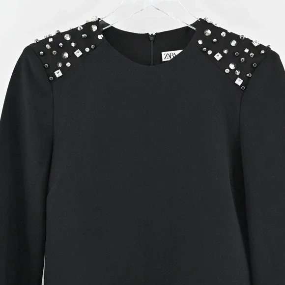 ZARA Studded Dress Size M Black Long Sleeve Shoulder Detail Mini Elevated Chic - Picture 9 of 12